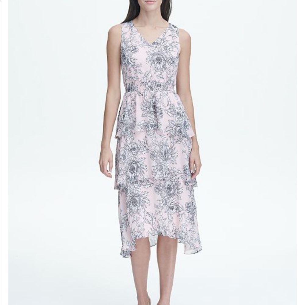 Beach Rose Chiffon V-Neck Tier Midi Dress